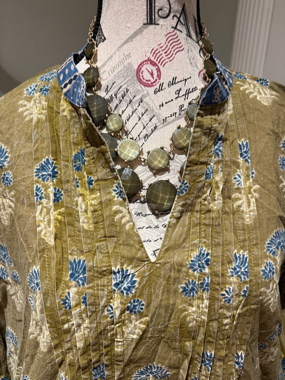 Jaded Gypsy Olive Green and Blue Cotton Tunic Top One Size